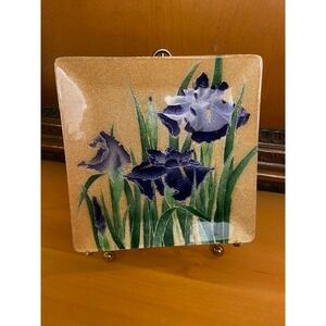 Saikosha Shobu Cloisonne Ornamental Glass Iris Plate Japanese Gold Purple Floral